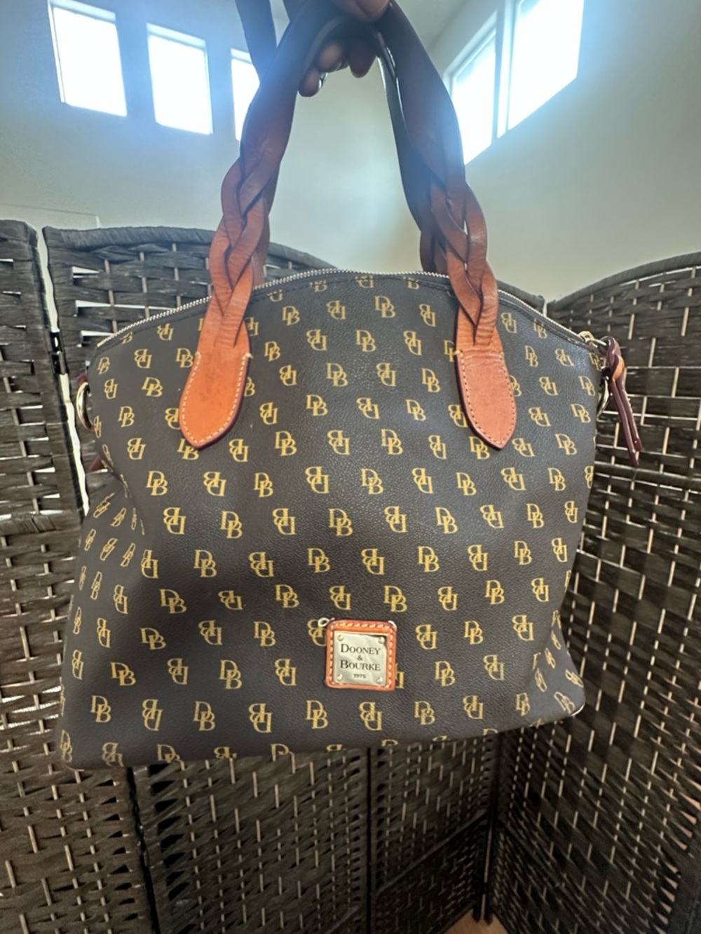 Dooney & Bourke Brown & Tan Monogram Tote with Braided Handles